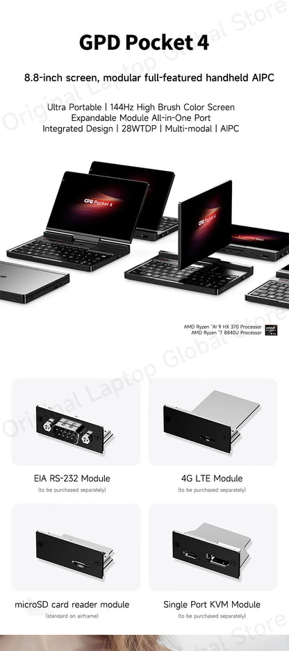 GPD Pocket 4 Mini Laptop – 8.8" 2.5K 144Hz, AMD Ryzen 7 8840U / AI 9 HX 370, Up to 32GB RAM