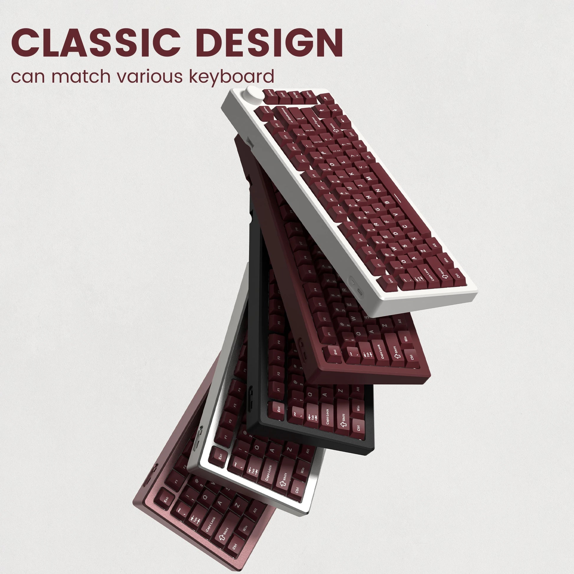 Retro dark red PBT keycap set with 126 keys, cherry profile, double shot construction for mechanical keyboards.