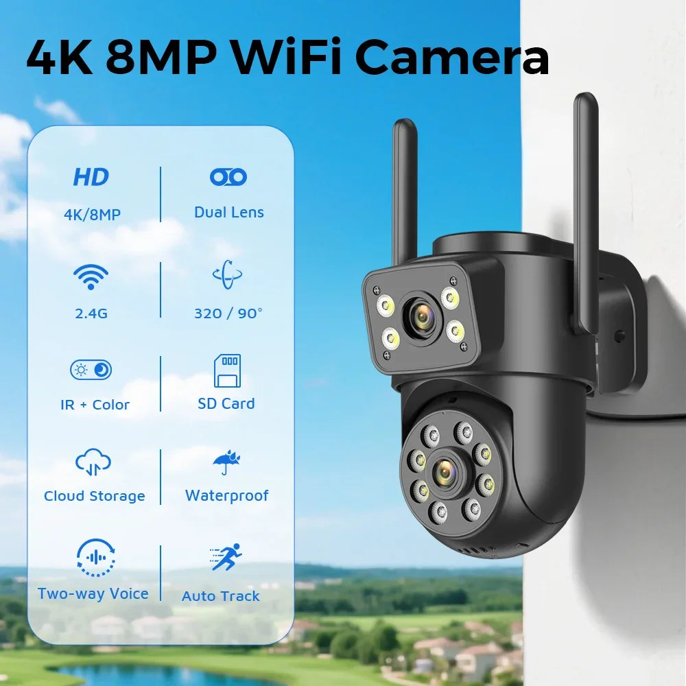 8MP 4K Dual Lens WiFi Security Camera – Night Vision, AI Detection
