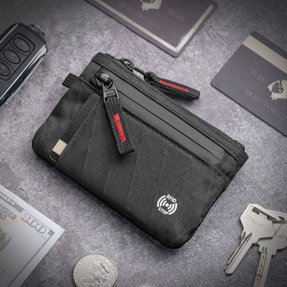 RFID Nylon Mini Wallet with Zipper & D-Ring Clip