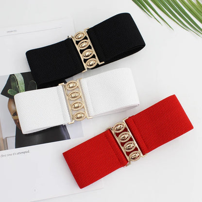 Women's wide elastic waist belt with metal buckle from R.E.D. Shopping, features a corset-style design for cinching and style.