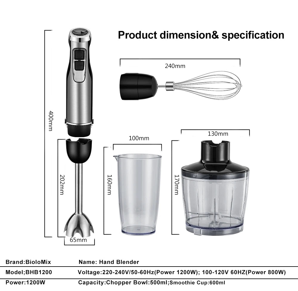 BioloMix 4-in-1 1200W Immersion Hand Blender | Chopper & Smoothie Cup | Stainless Steel Ice Blades | EU Plug