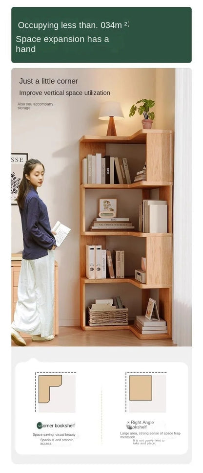 Solid wood corner bookshelf rack with multiple shelves, ideal for home living room storage, by R.E.D. Shopping