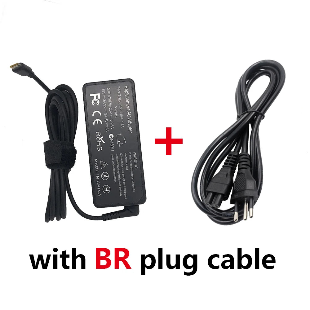 LZUMWS 65W USB-C Power Adapter for Lenovo ThinkPad – 20V 3.25A, CE/FCC/RoHS, EU/UK/US/AU/BR Plug