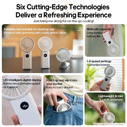Portable Folding Handheld Fan 1800mAh – 4-Speed with LED Display