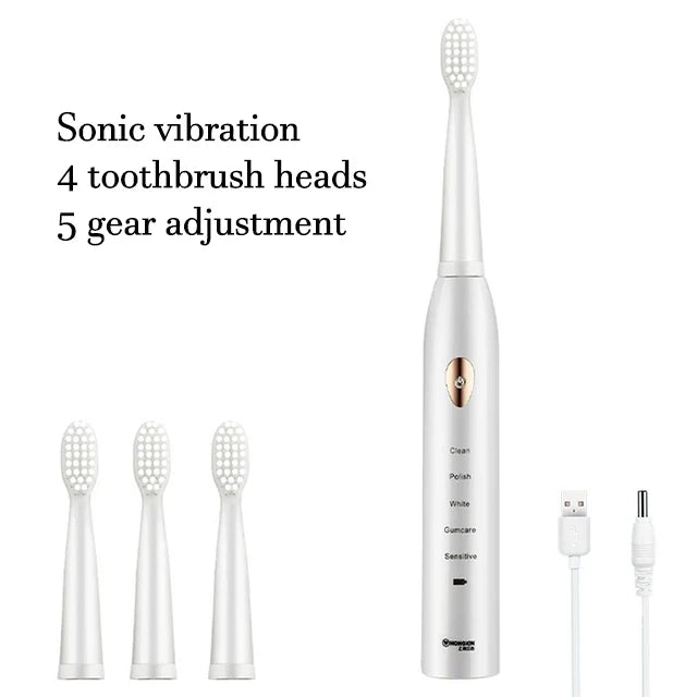 Rechargeable R.E.D. electric toothbrush with 5 cleaning modes, waterproof design, and 30-day battery life, suitable for oral care.