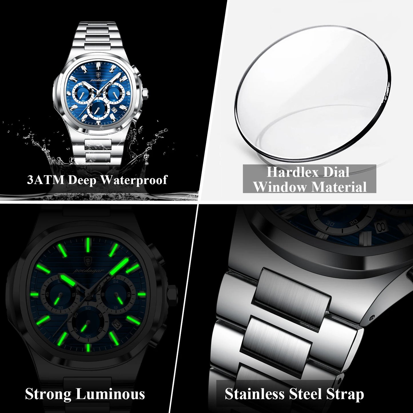 POEDAGAR Men's Luxury Chronograph Watch – Stainless Steel, Waterproof, Luminous, Date