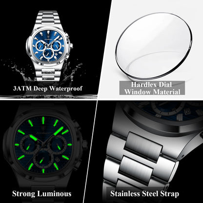 POEDAGAR Men's Luxury Chronograph Watch – Stainless Steel, Waterproof, Luminous, Date