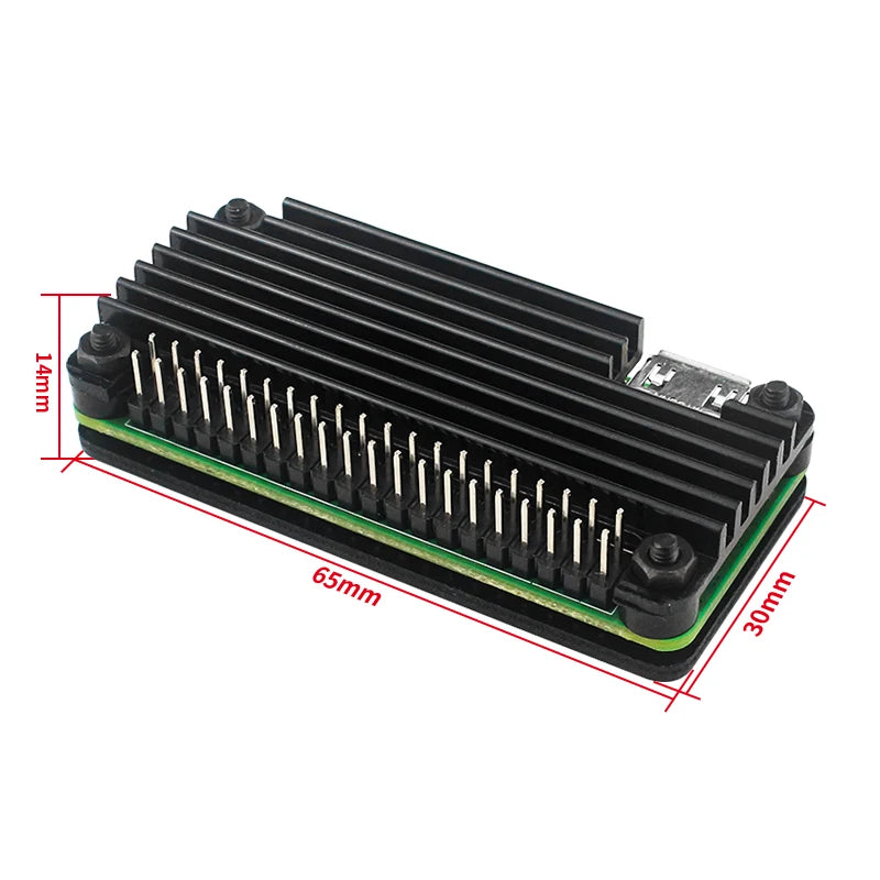 Raspberry Pi Zero 2 W aluminum case with passive heatsink and GPIO pin header, designed for single-board computer protection and cooling