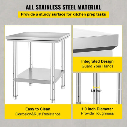 SucceBuy Stainless Steel Kitchen Work Bench – Commercial Catering Worktable with Undershelf | 286–330 LBS | Restaurant & Garage