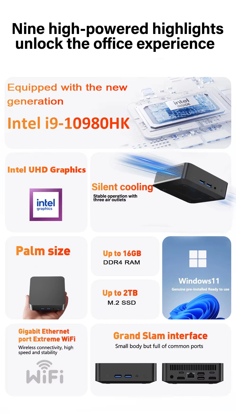 Mini PC Gamer Intel Core i9-10980HK – Windows 11 Pro, WiFi 6, 4K, Compact Gaming Desktop