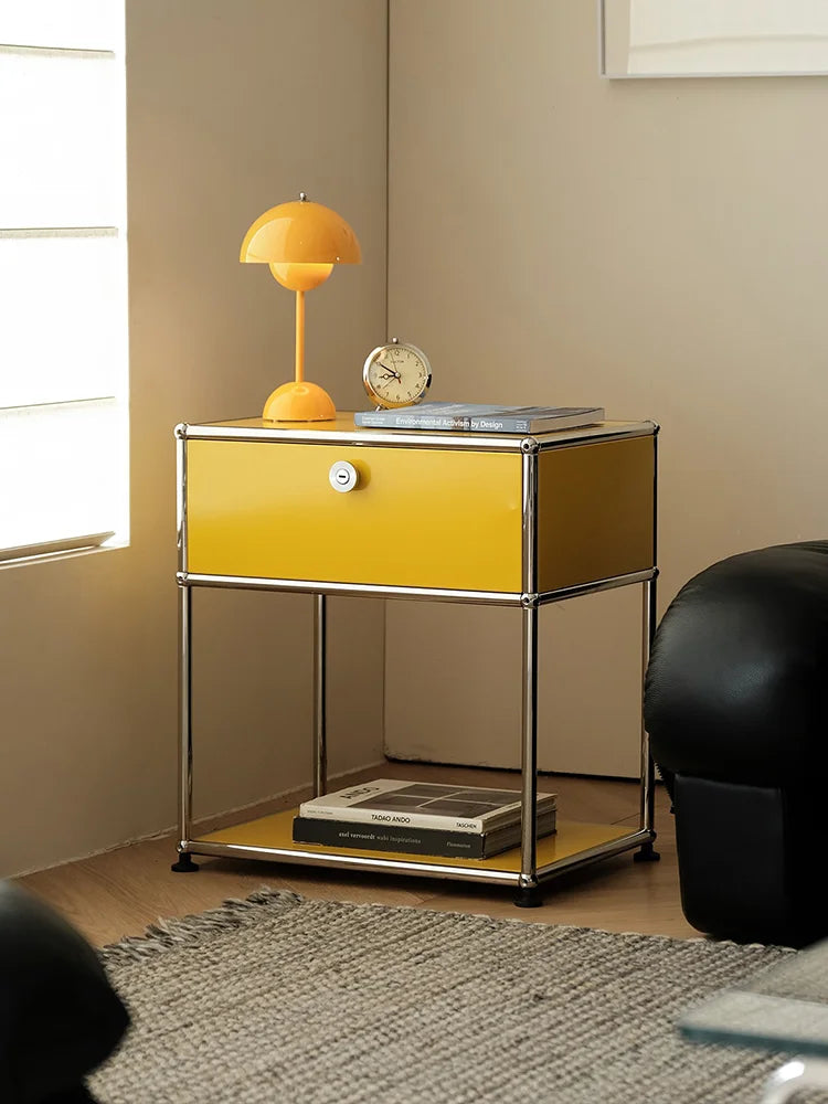 Stainless steel metal nightstands with storage cabinets, modern bedroom furniture from R.E.D. Shopping for living room or bedroom use.