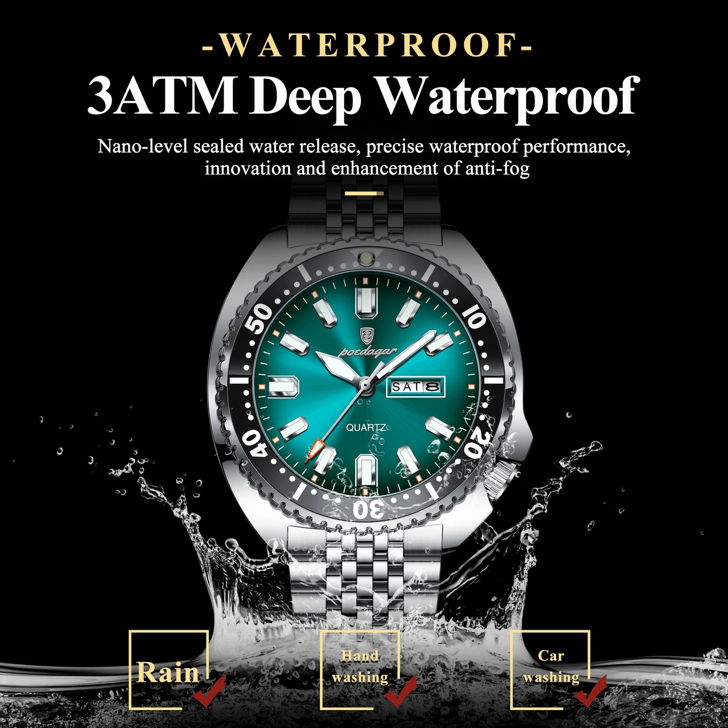 POEDAGAR Luxury Men's Quartz Watch – Date, Week, Luminous & Waterproof Stainless Steel