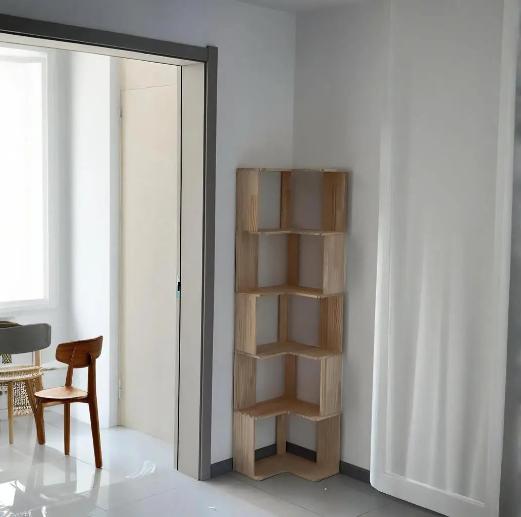 Solid wood corner bookshelf rack by R.E.D. Shopping, multi-layer storage unit for home living room corner organization.