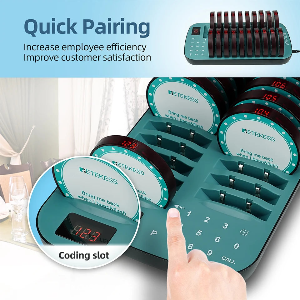 RETEKESS TD167A wireless restaurant calling system with coaster pager buzzer for food trucks, cafés, and hotels.