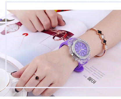 LED Flash Luminous Watch by R.E.D. Shopping featuring a rhinestone-accented silicone strap and glowing LED display for kids and adults.