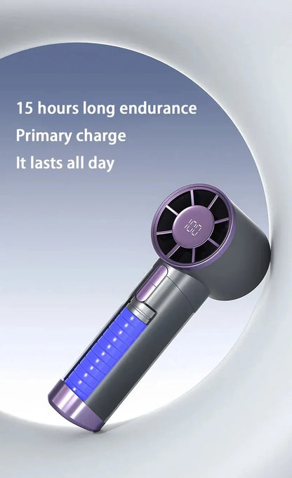 Red handheld portable electric fan with large wind, digital display, aluminum alloy body, rechargeable, ultra-high speed, and 100 speed settings.