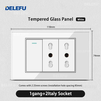 DELEFU Tempered Glass Wall Socket with USB-C Fast Charging – Schuko/Italy