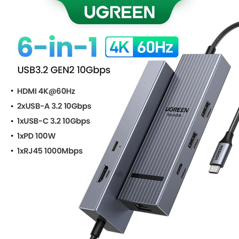 UGREEN USB-C Hub – 10Gbps, 4K60Hz HDMI, PD100W, 6-8 Ports for Laptop, MacBook, iPad