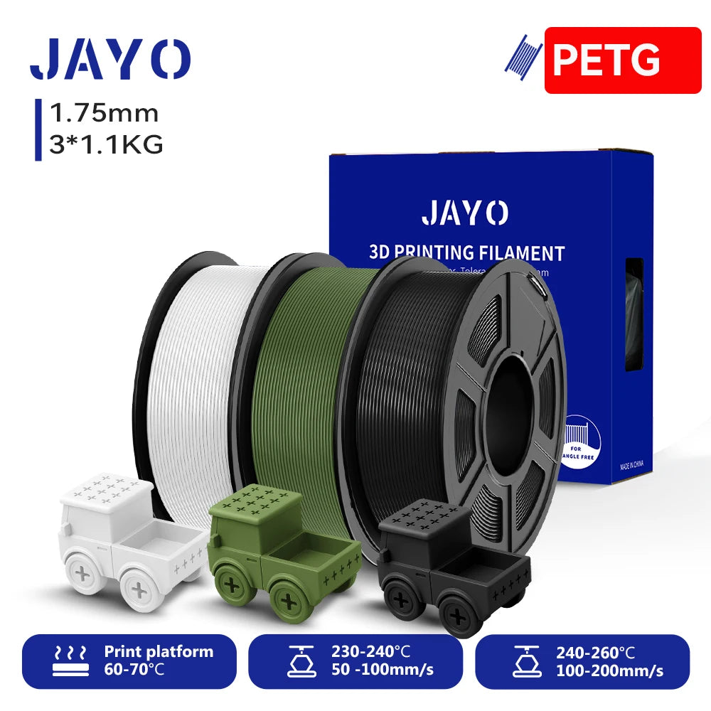 JAYO PETG/High Speed Matte PETG 3D Printing Filament 1.75MM Mix-Colors & No bubbles &Non-toxic For 3D Printer & Pen 3Rolls