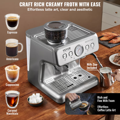 SucceBuy 15 Bar Semi-Automatic Espresso Machine | Built-in Grinder | Milk Frother Steam Wand | Home Barista