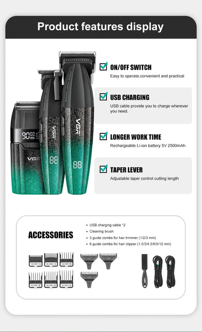 VGR V-640 Professional Hair Clipper | 9000 RPM | Cordless | Metal Body | Men's Trimmer