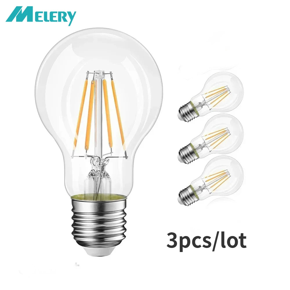 Melery E26 E27 LED Light Ball Bulb Edison Screw Filament A60 Lamp  8W Equivalent 80W Clear Incandescent [Energy Class A++] 3PACK