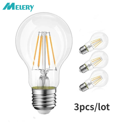 Melery E26 E27 LED Light Ball Bulb Edison Screw Filament A60 Lamp  8W Equivalent 80W Clear Incandescent [Energy Class A++] 3PACK