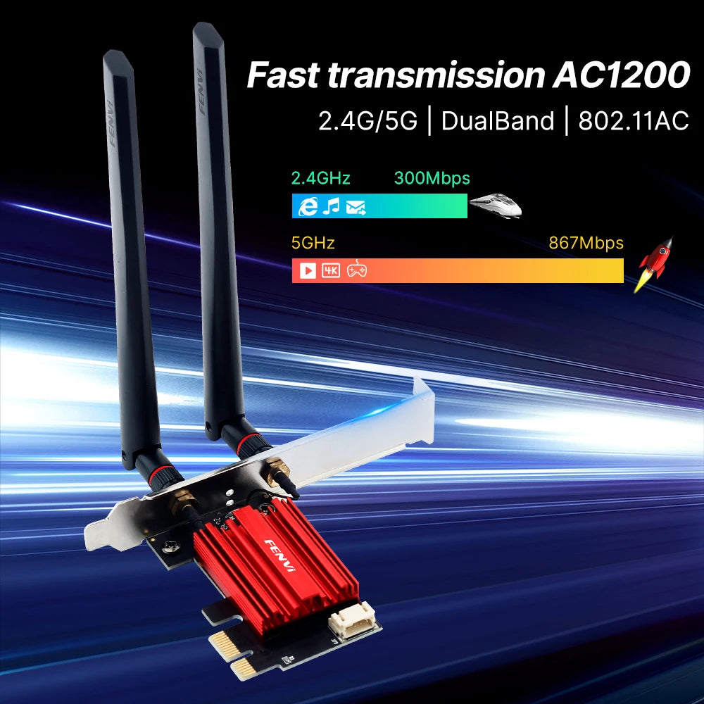 Fenvi FV-AC1200 PCIe WiFi Adapter | AC1200 Dual Band 2.4G+5G | Bluetooth 4.2 | Win 7/10/11 Desktop