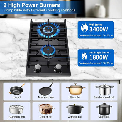 TopStrong 2-Burner Built-In Gas Hob 30cm – Tempered Glass, NG/LPG Dual Fuel (UKGCT-B02)
