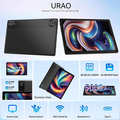 URAO Tablet 10.4" – Android 15, 20GB RAM, 64GB+1TB, WiFi 6, BT 5.4, Dual Camera, GMS