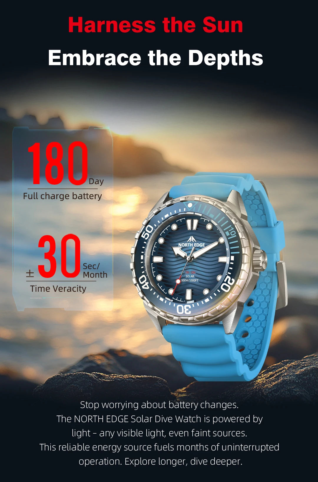 NORTH EDGE TRITON Solar Dive Watch – Men's Luxury Quartz, 316L Steel, 300M Waterproof, 2025