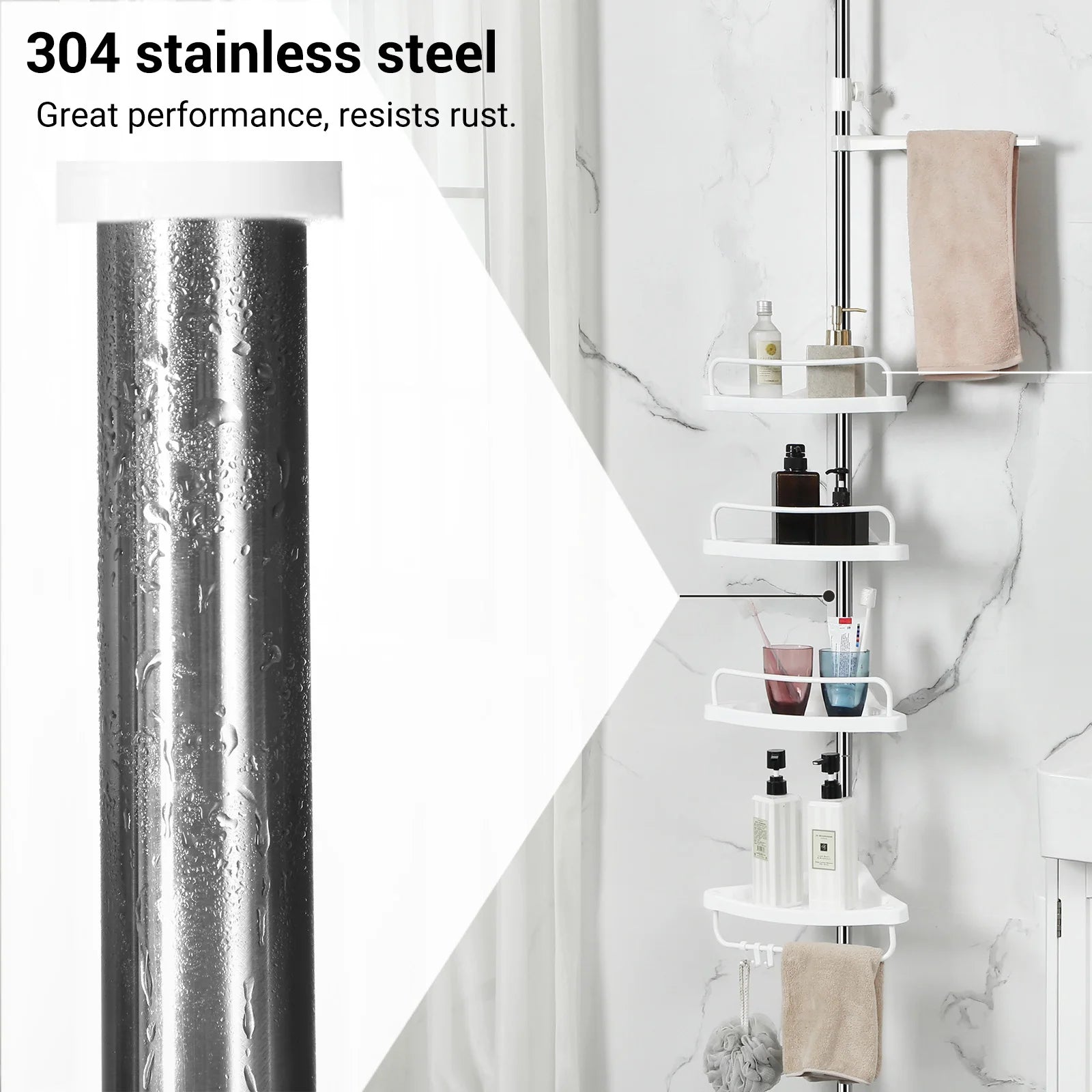 Stainless steel adjustable 4-tier shower caddy corner shelf with adjustable height for bathroom organization.