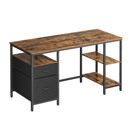 Computer Desk, 3 Shelves, 2 Drawers, 60 x 140 x 76 cm, Rustic Brown and Black/Natural Oak and Pearl White Color