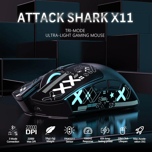ATTACK SHARK X11 Wireless Gaming Mouse – 22K DPI, 59g, RGB, Tri-Mode (2.4G/BT/Wired) + Charging Dock
