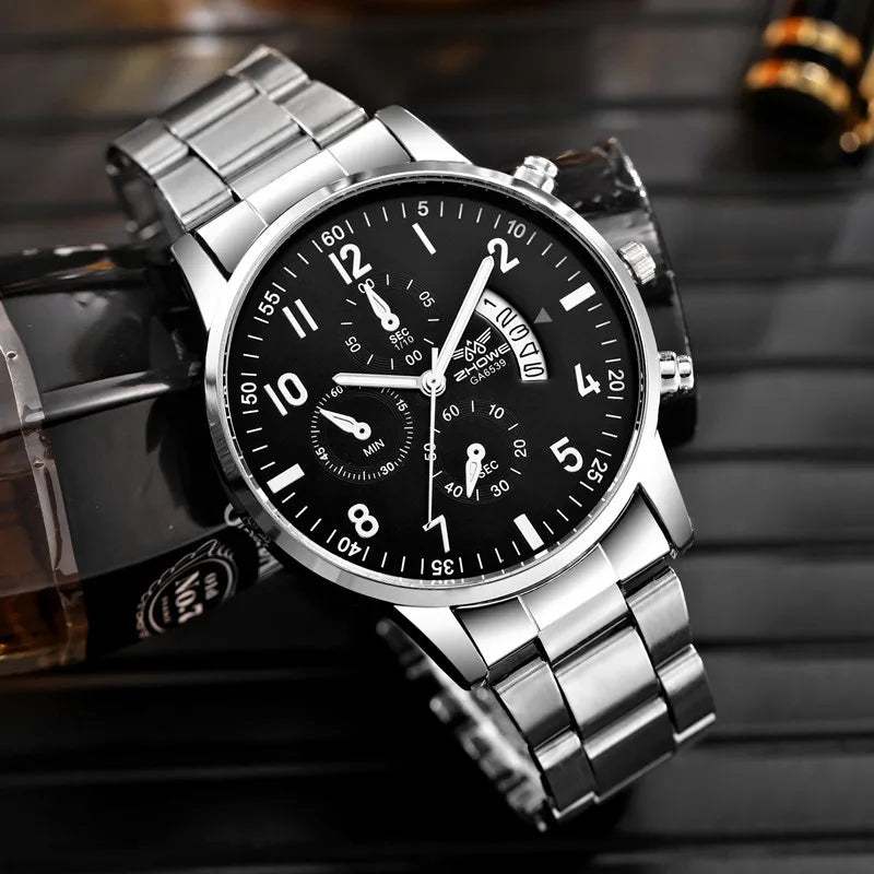 Men's luxury business watch with steel strap and calendar feature, stylish gift watch by R.E.D. Shopping.