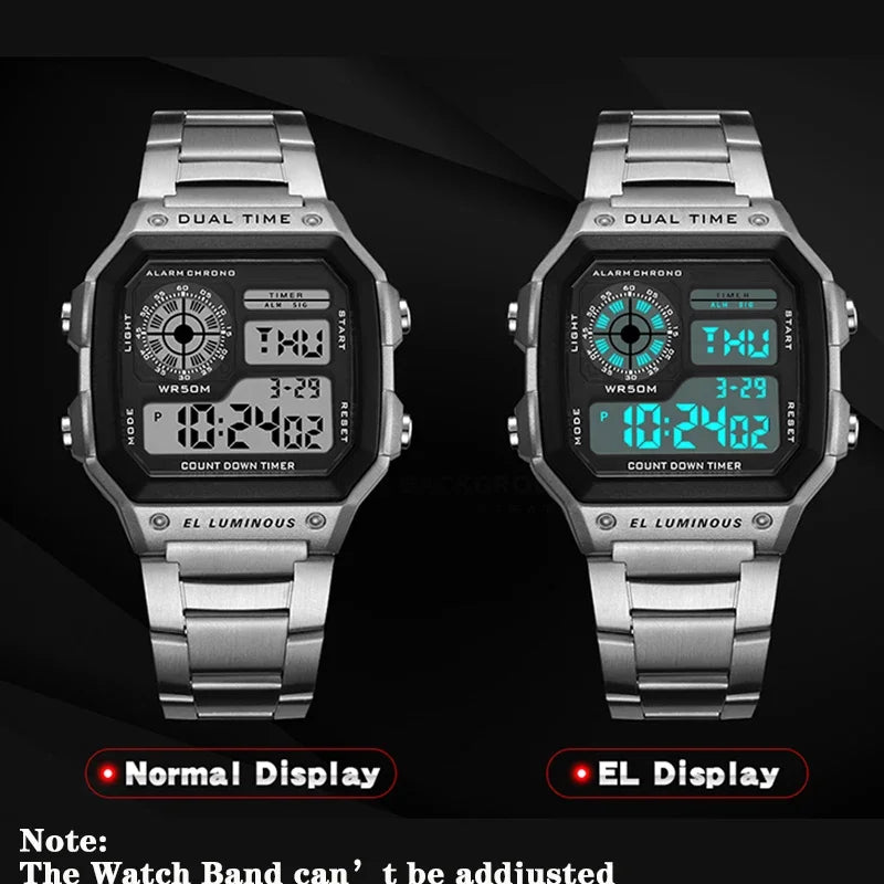 YIKAZE Men's Military LED Sport Watch - Luxury Stainless Steel Strap, Waterproof Digital Wristwatch