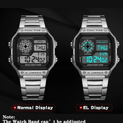 YIKAZE Men's Military LED Sport Watch - Luxury Stainless Steel Strap, Waterproof Digital Wristwatch