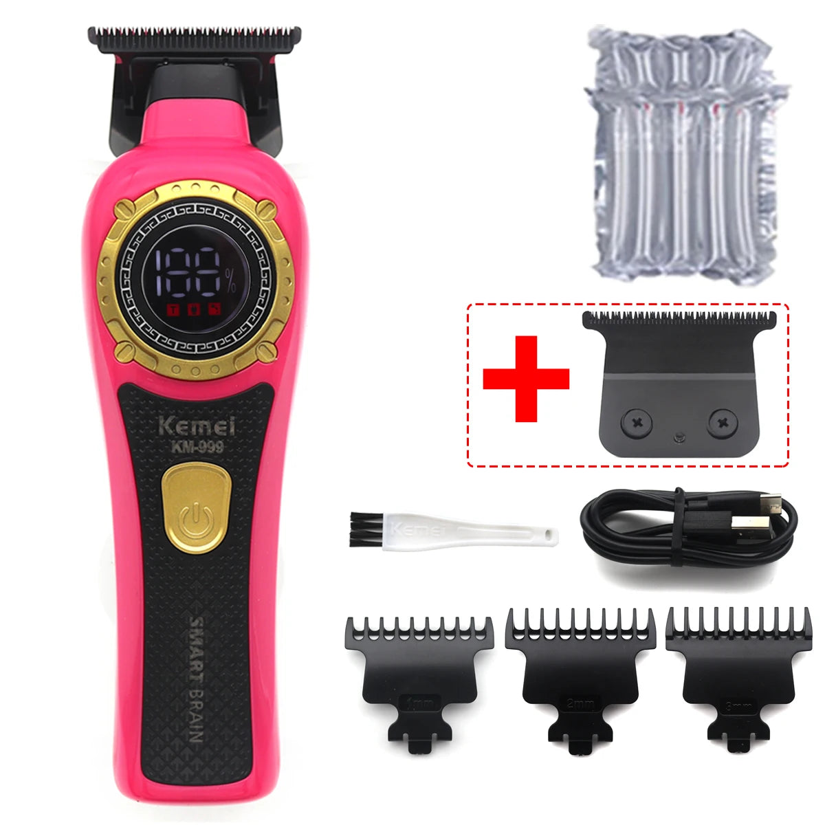 Kemei KM-999 Professional Hair Trimmer – DLC T-Blade, Zero Gap, LED Display, Cordless USB Clipper