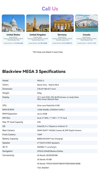 Blackview MEGA 3 Tablet | 12.1" 2.5K 90Hz | Android 15 | 12GB+256GB | 8800mAh 33W | 50MP | 4G