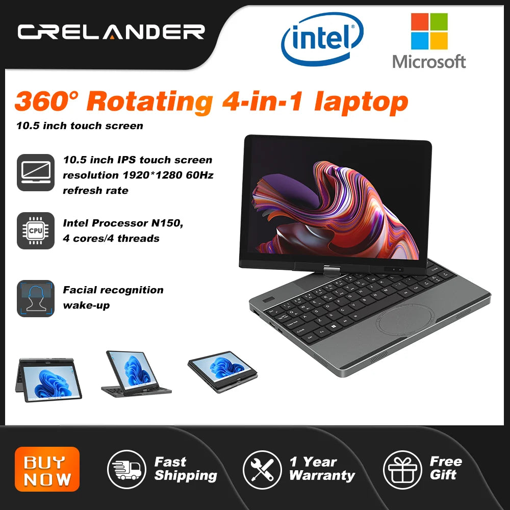 CRELANDER 10.5" Yoga 2-in-1 Laptop – Intel N150, 16/32GB DDR4, up to 2TB SSD, 2K Touch, Windows 11