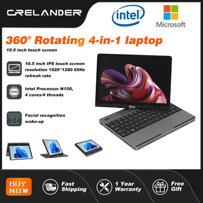 CRELANDER 10.5" Yoga 2-in-1 Laptop – Intel N150, 16/32GB DDR4, up to 2TB SSD, 2K Touch, Windows 11