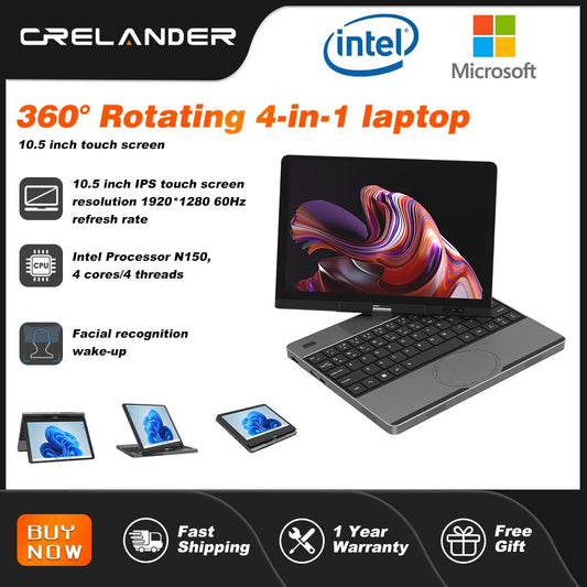 CRELANDER 10.5" Yoga 2-in-1 Laptop – Intel N150, 16/32GB DDR4, up to 2TB SSD, 2K Touch, Windows 11