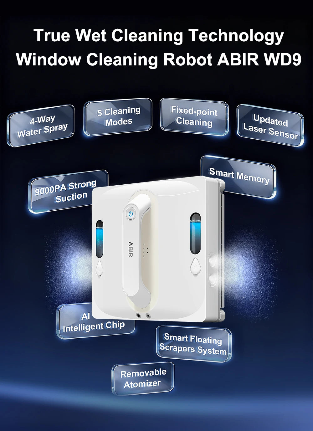 ABIR WD9 Robot Window Vacuum Cleaner – 9000Pa, 4-Way Water Spray, Laser Sensor, Wet & Dry