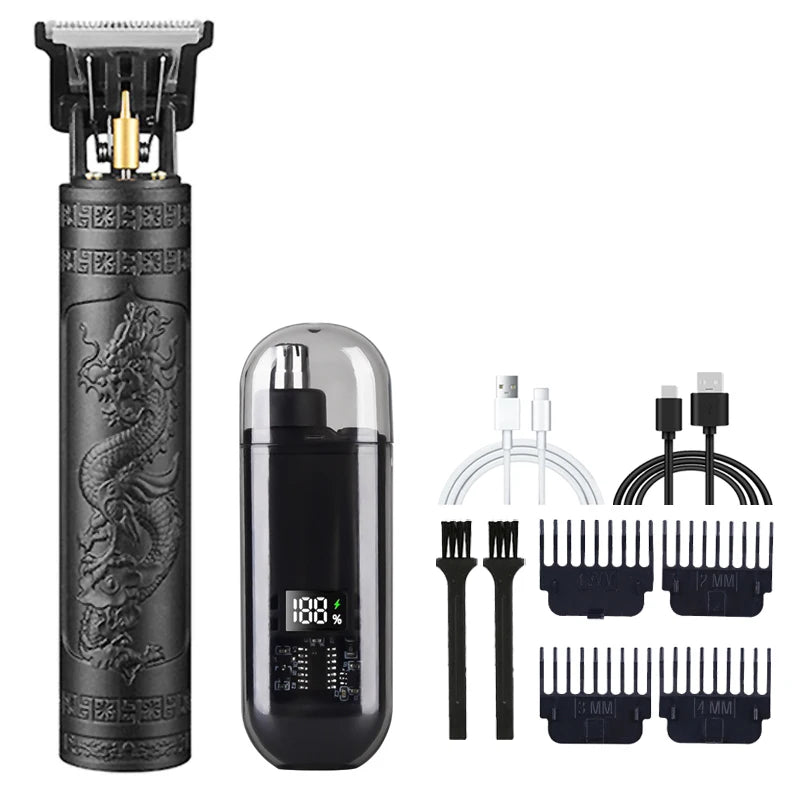 R.E.D. men's grooming set with nose and ear hair trimmer and T9 hair clipper, USB rechargeable, shown on a bathroom counter