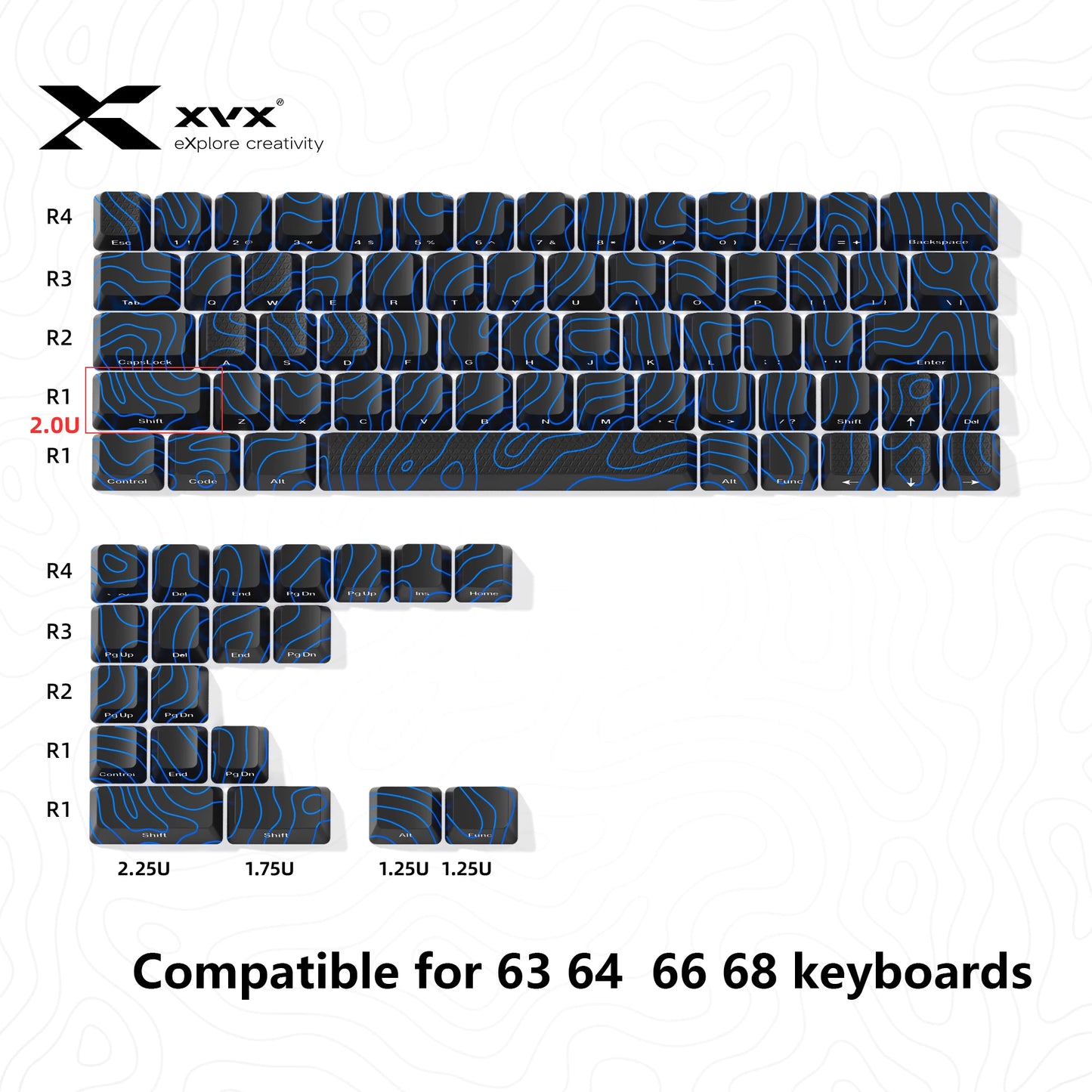 XVX Topographic Keycaps 118 Keys – OEM Profile, Shine-Through, IMD-Tech, Side Print