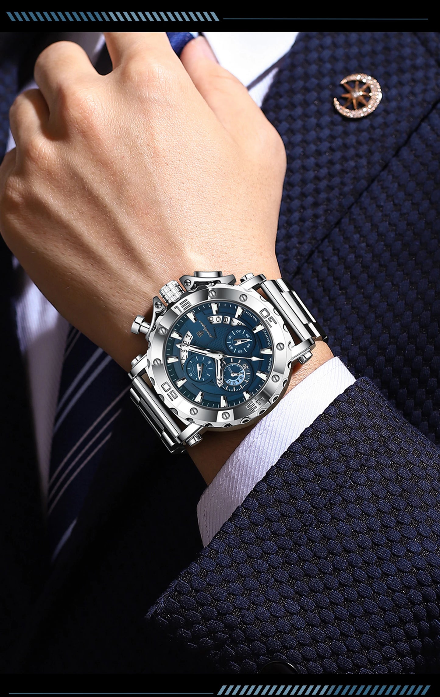 POEDAGAR Men's Luxury Chronograph Watch – Calendar, Luminous, Waterproof, Stainless Steel Quartz