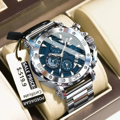 POEDAGAR Men's Luxury Chronograph Watch – Calendar, Luminous, Waterproof, Stainless Steel Quartz