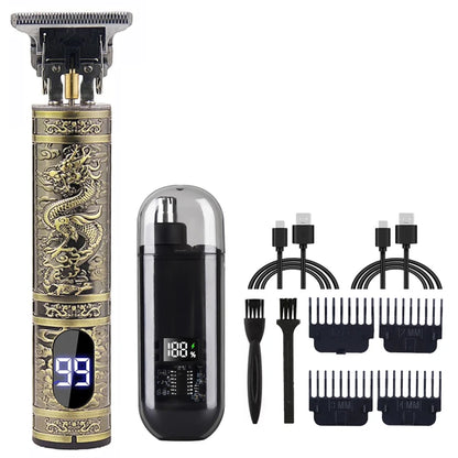 R.E.D. Shopping T9 Vintage Men's Electric Hair Clipper with rechargeable beard and nose trimmer kit, black and silver design