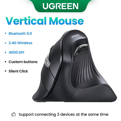 UGREEN Vertical Ergonomic Mouse – Bluetooth 5.0 & 2.4G Wireless, 4000DPI, 6 Silent Buttons, for Mac & PC